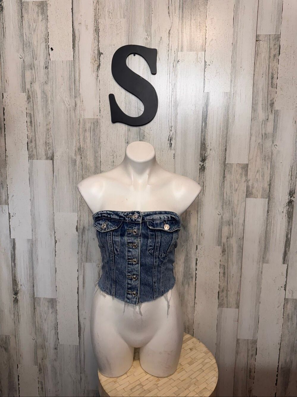 SHEIN Denim Corset Bustier Tube Top Womens Small Medium Wash Button Down Straple